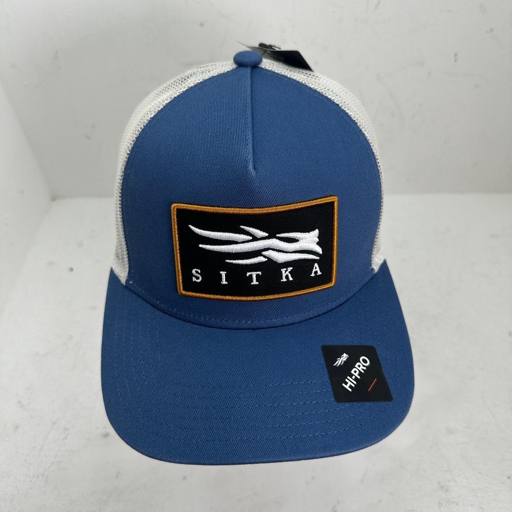 NWT Sitka Gear Hi-Pro Trucker Hat Mens Blue White Mesh Snapback Cap Logo Patch